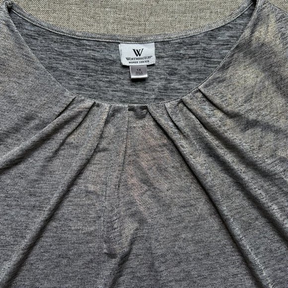 Worthington Women's Blouse 1X Stretch Smock Scoop Neck Metallic Gray RN 93677 - Picture 9 of 9